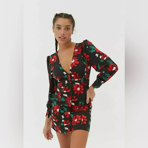 NWOT Urban Outfitters Michelle Plunging Floral Mini Dress Black/Red/Green Size S - Picture 1 of 17